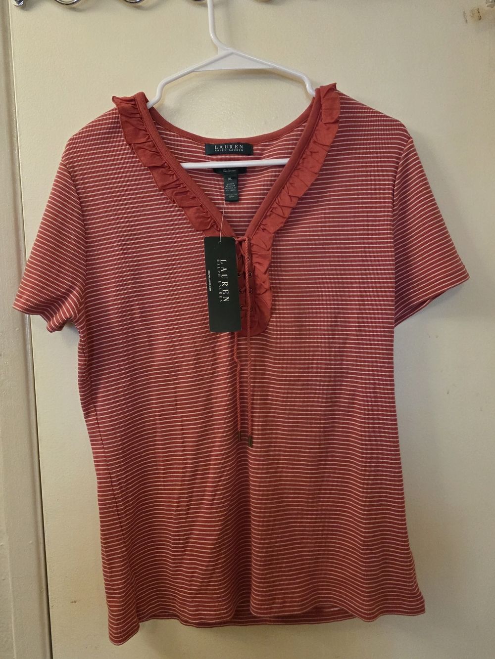 Lauren Ralph Lauren Coral and White Striped Ruffle V-Neck Tee